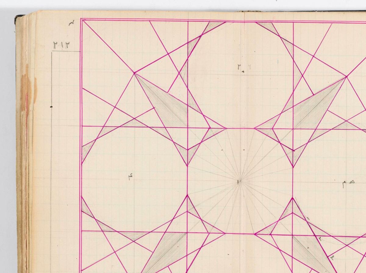 An open notebook on squared paper with a geometric pattern constructed in pencil and inked in magenta, numbered in Persian
